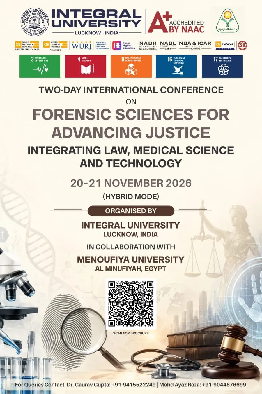 Poster of the Two-Day International Conference on Forensic Sciences for Advancing Justice: Integrating Law, Medical Science and Technology, 20–21 November 2026, Integral University, Lucknow